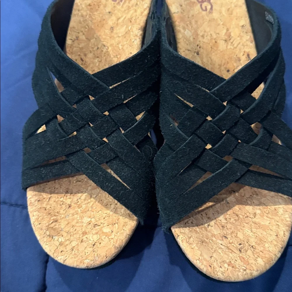 UGG Black Crisscross Cork Wedge Sandals NWOT size 7